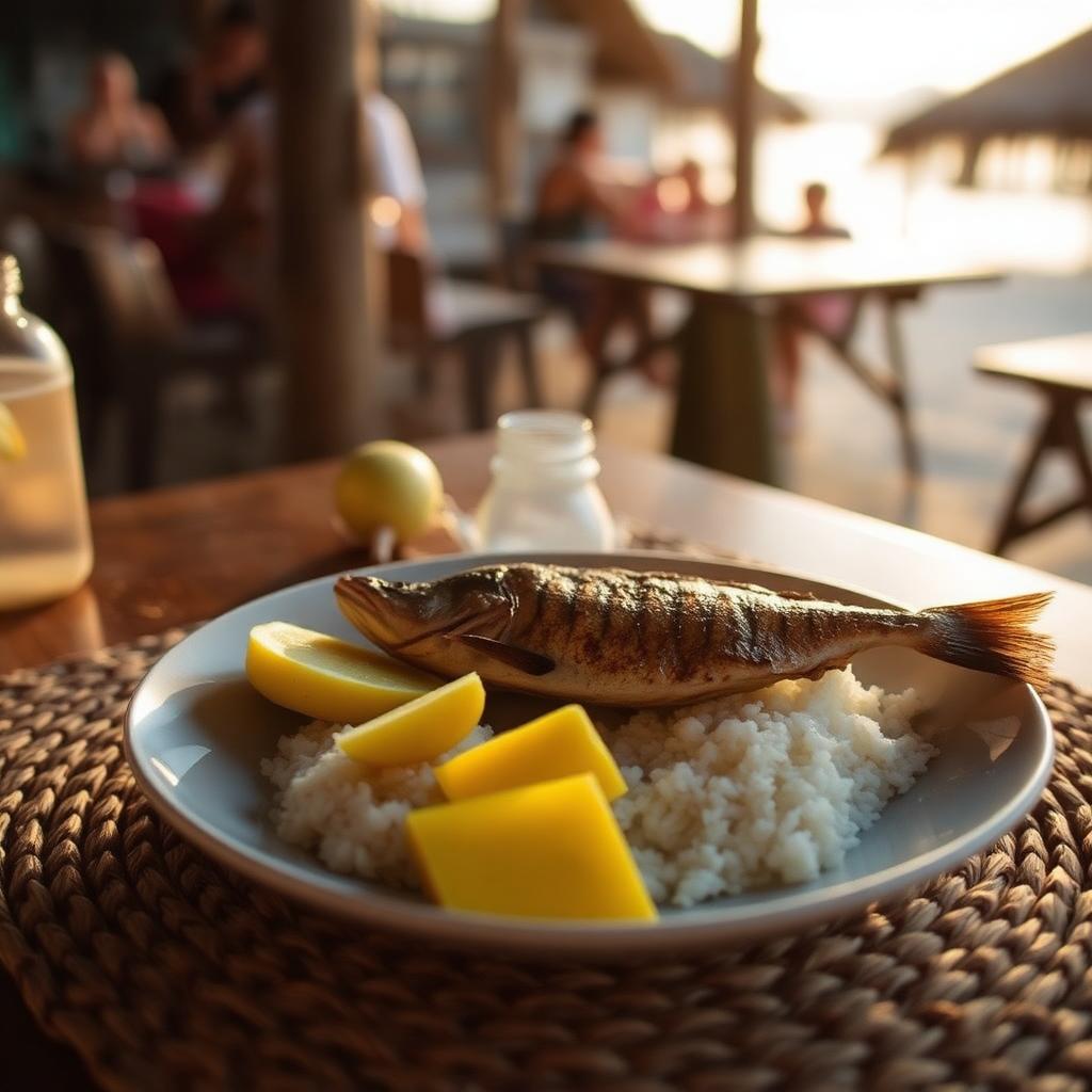 Filipino plate of grilled fish, rice and mango